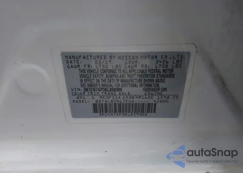 2019 Nissan Versa 1.6 Sv from USA, damaged, VIN 3N1CN7AP3KL859305